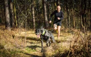 A man running with a dog in the woods.